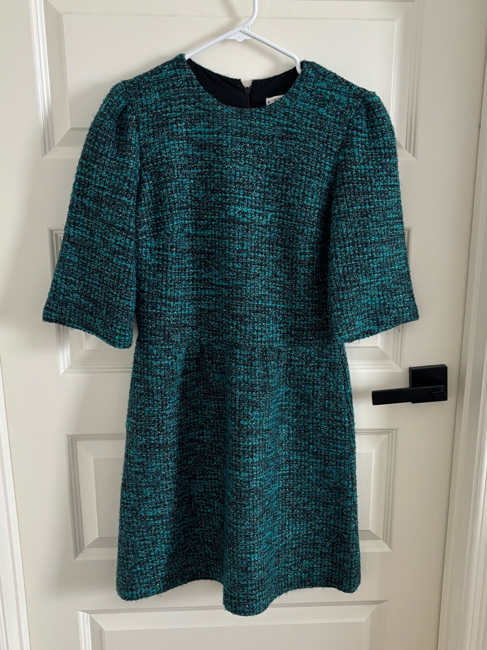 Alice + Olivia Teal & Black Tweed Textured Long-Sleeve Shift Dress
